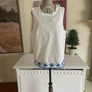J. Crew Sleeveless White Ruffle Collar Top with Blue Hem Embroidery